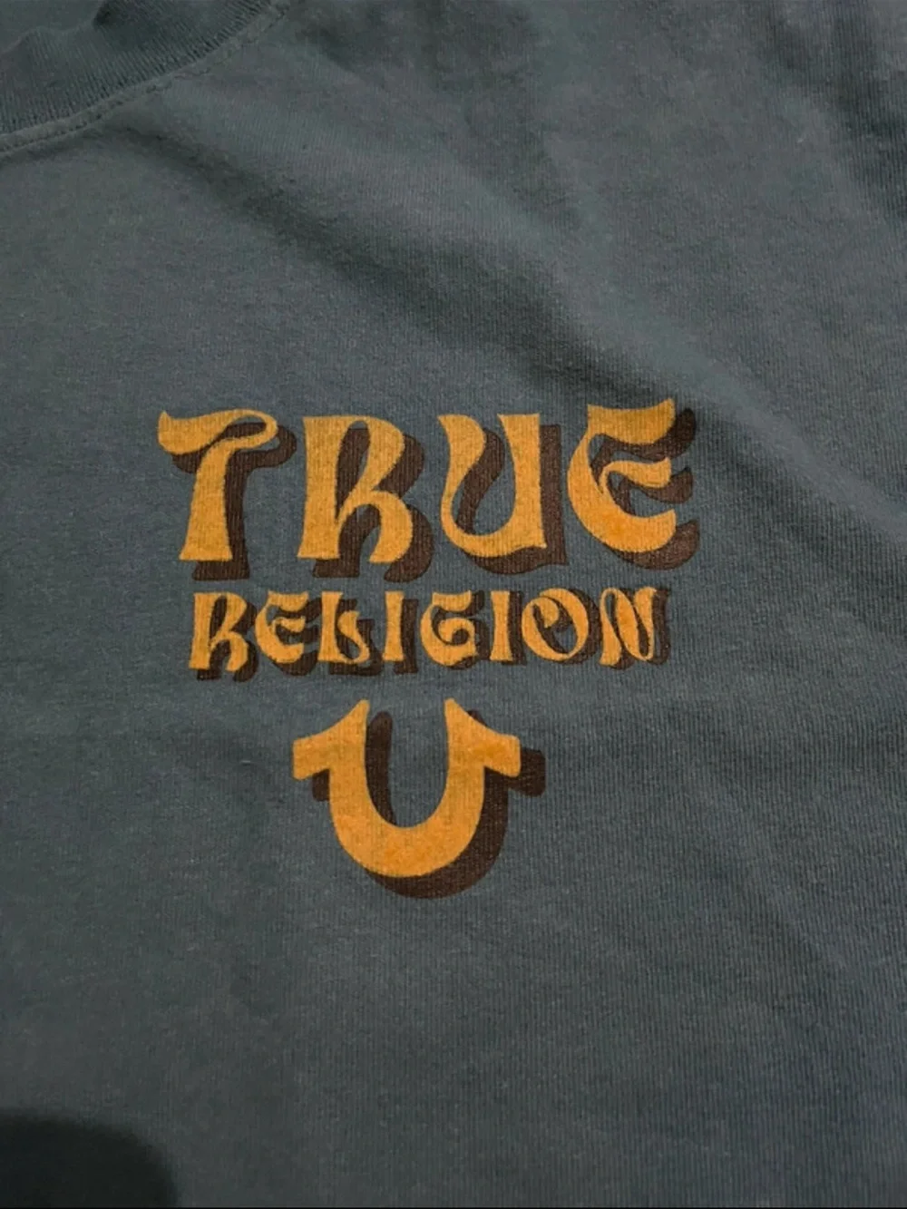 True Religion Men's Short Sleeve Crew Tee - Teal Blue with Gold Logo size Large